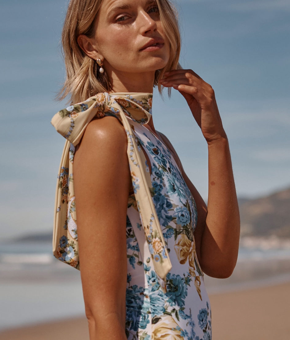 The Bow-Shoulder Ruched Sidestroke - Bow Bouquet & Ribbon Cascade